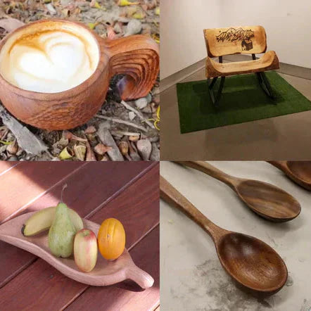 Collage of wooden items including a cup, chair, tray, and spoons.