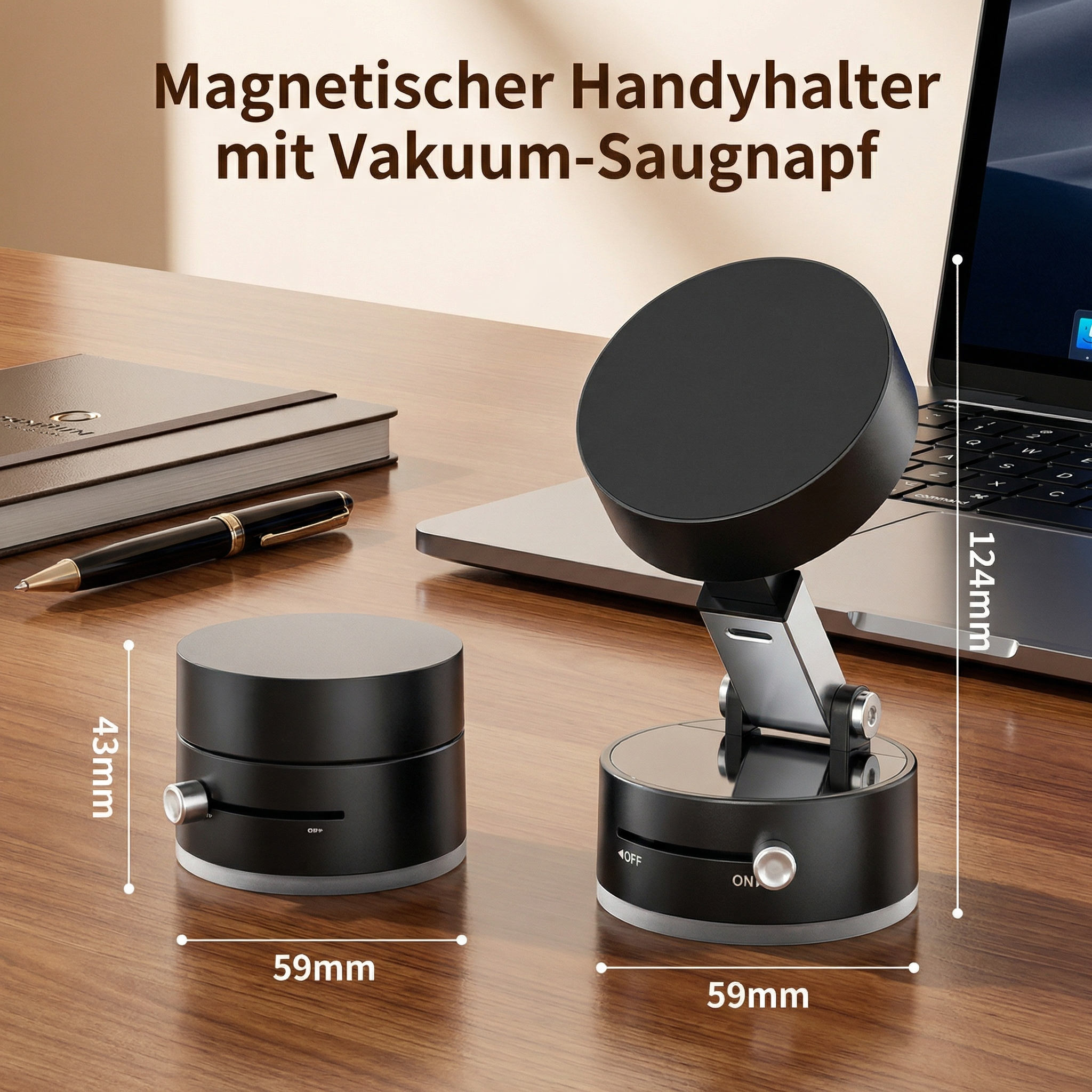 Black magnetic phone holder with vacuum suction cup on a desk with laptop and notebook