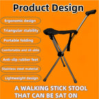 Walking stick stool with features listed on an orange background