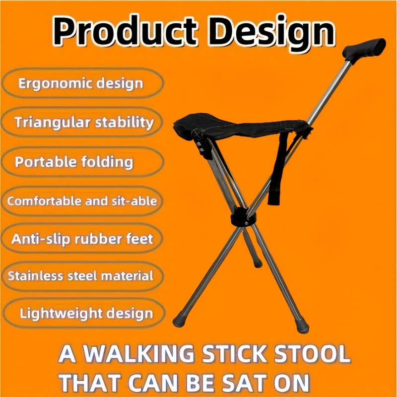 Walking stick stool with features listed on an orange background