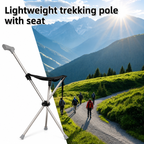 Lightweight trekking pole with seat on a mountain path background
