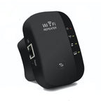Black WiFi repeater on a white background