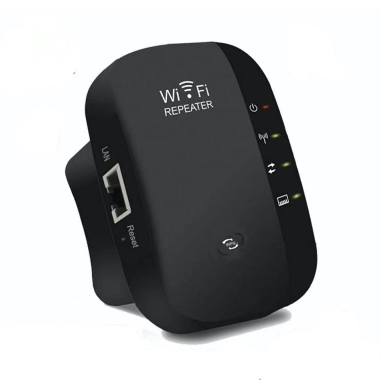 Black WiFi repeater on a white background