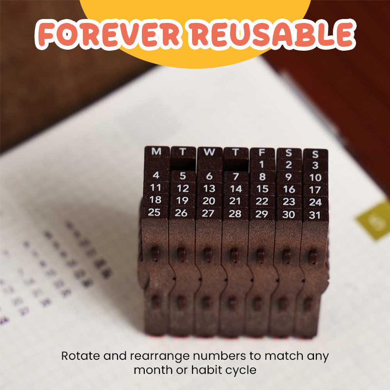 Set of date stamps with 'Forever Reusable' text above on a calendar background