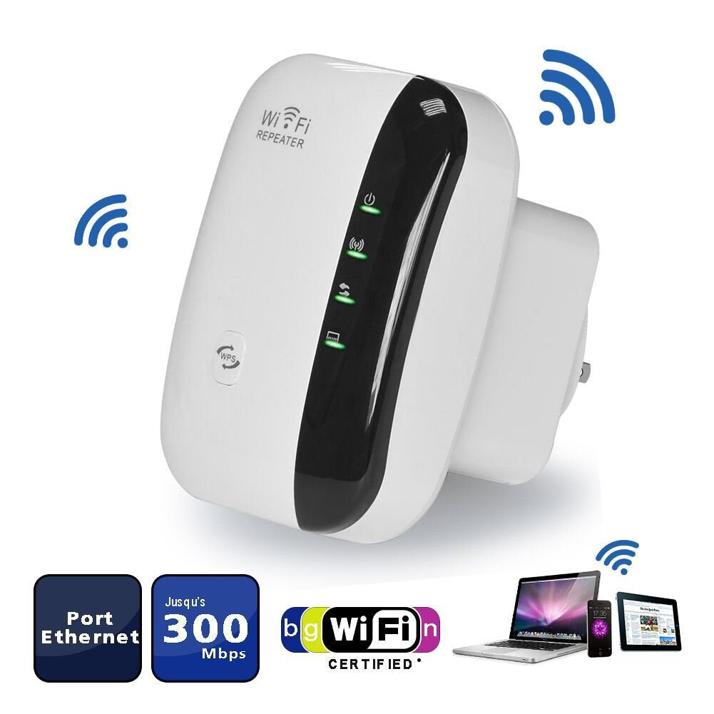 White and black Wi-Fi repeater with connectivity icons on a white background