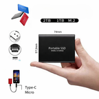 Portable SSD with hand holding it, showing size and connectivity options on a white background