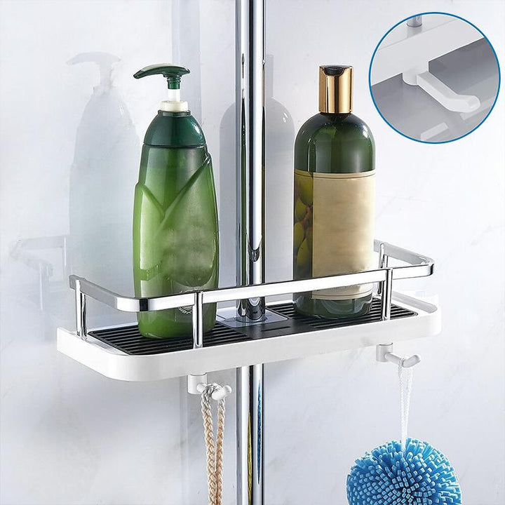 Bathroom corner shelf with bottles and a close-up of the bracket on a white wall.