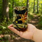 Hand holding a camouflage-patterned device in a forest setting