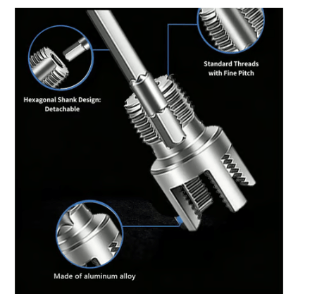 Metal screw with features highlighted on a black background