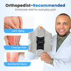 Orthopedist holding a brace with text about pain relief for joint aging, overuse pain, and accidental injury.