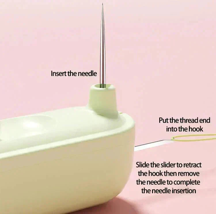 Needle insertion guide for a sewing machine on a pink background