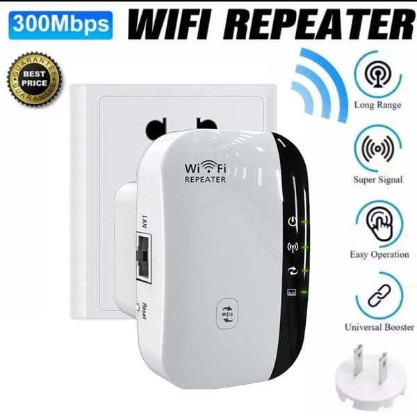 WiFi repeater with features listed on a white background