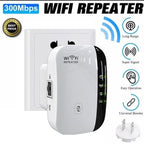 WiFi repeater with features listed on a white background