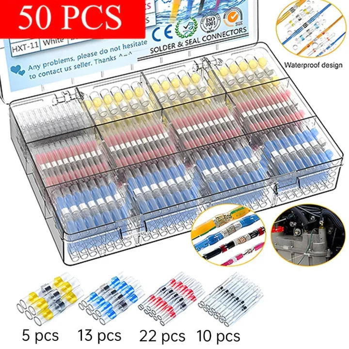 Set of 50 solder and seal connectors with clear box packaging.
