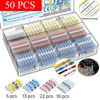Set of 50 solder and seal connectors with clear box packaging.