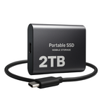 Black portable SSD with USB-C cable on a white background