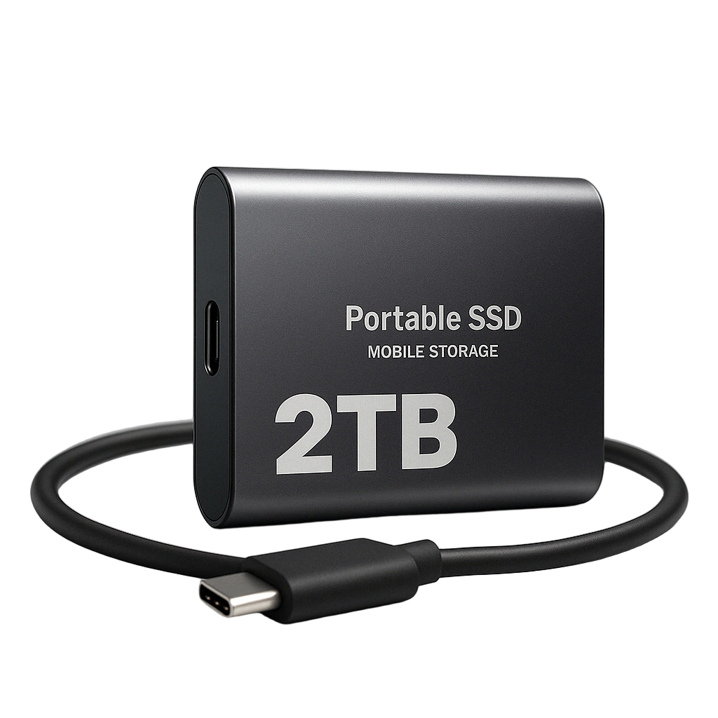 Black portable SSD with USB-C cable on a white background