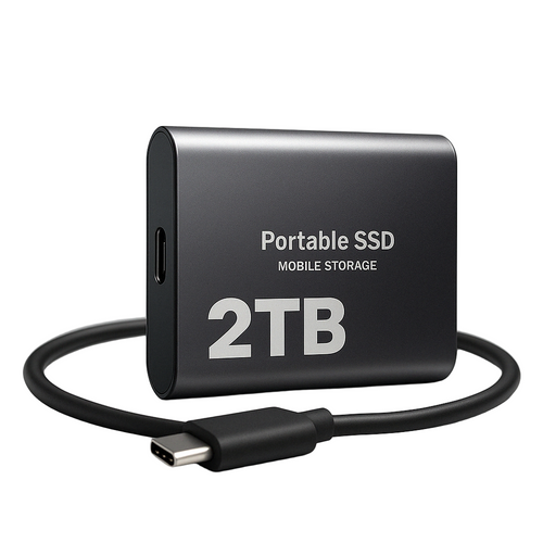 Black portable SSD with USB-C cable on a white background
