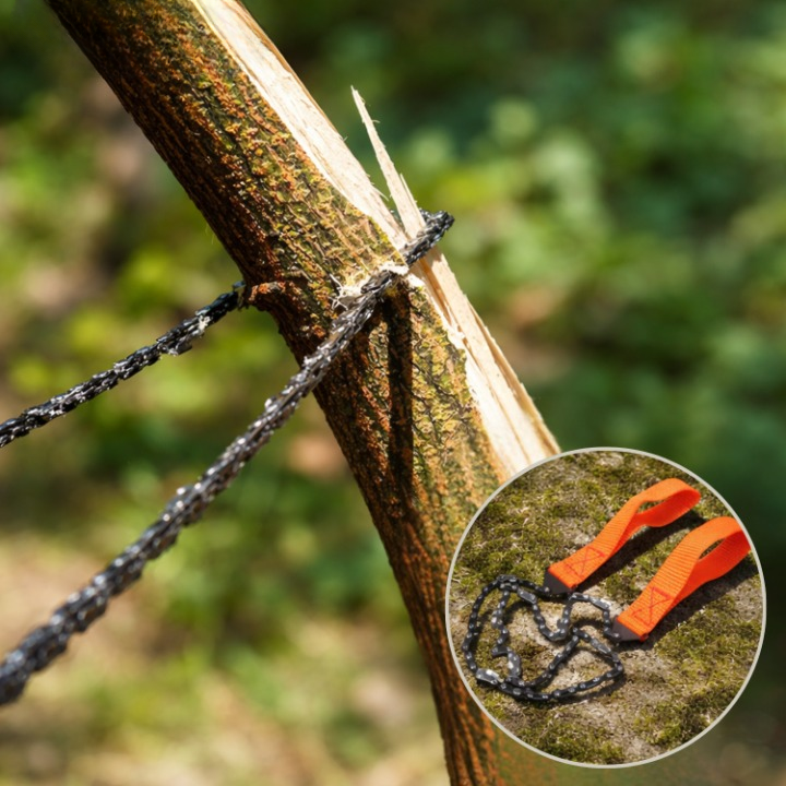 Close-up of a chain attached to a tree branch with an inset showing the chain's design.