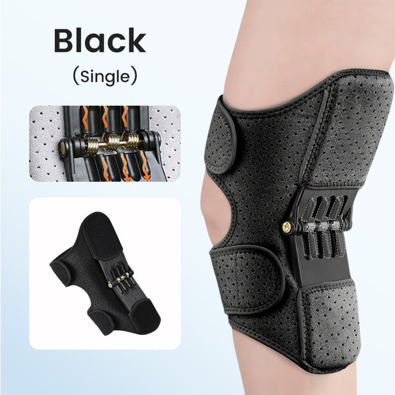 Black knee brace with detailed view on a light gray background