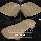 Beige car seat covers with 'Leaflet Beige' and 'Back Row Beige' labels on a black car interior background.