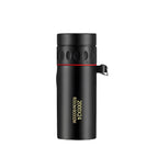 Black monocular with red band and text on a white background