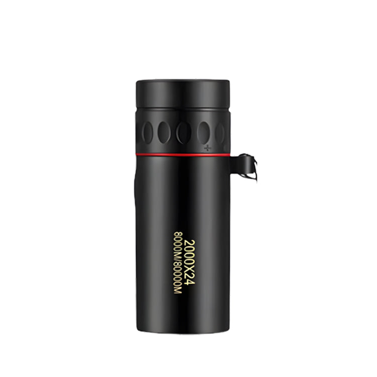 Black monocular with red band and text on a white background