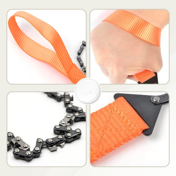 Collage of an orange chain saw strap with a chain, showing close-up details.