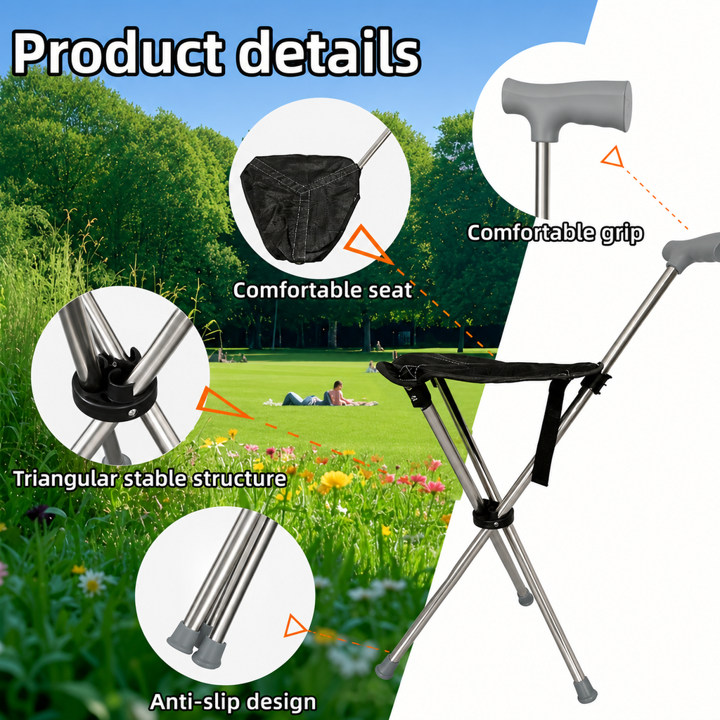 Foldable walking stick with seat and cane, featuring comfortable grip, seat, stable structure, and anti-slip design, set against a green outdoor background.