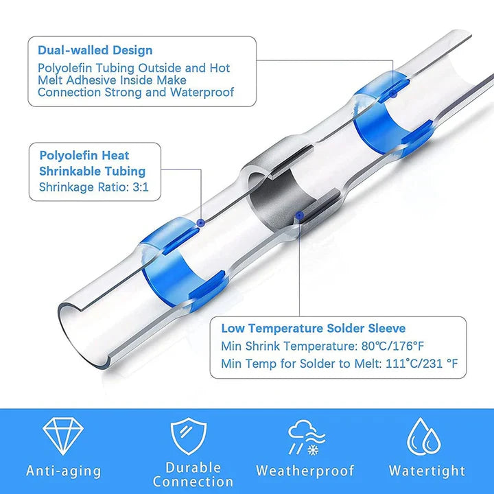 50-Piece Waterproof Solder Connectors | Heat Shrink, IP67, No Soldering Iron
