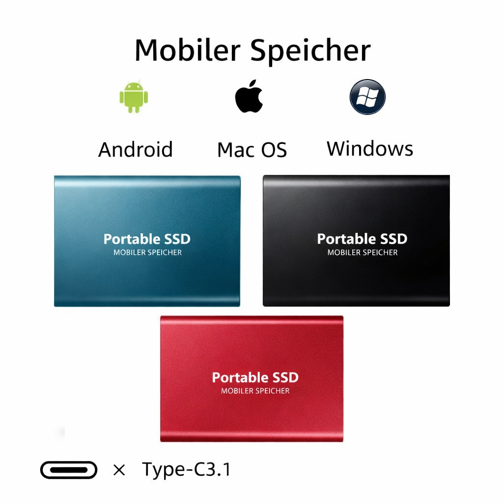 Three portable SSDs in blue, black, and red with compatibility icons for Android, Mac OS, and Windows.