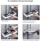 Step-by-step installation guide for a shower caddy with hands performing actions on a metallic background.