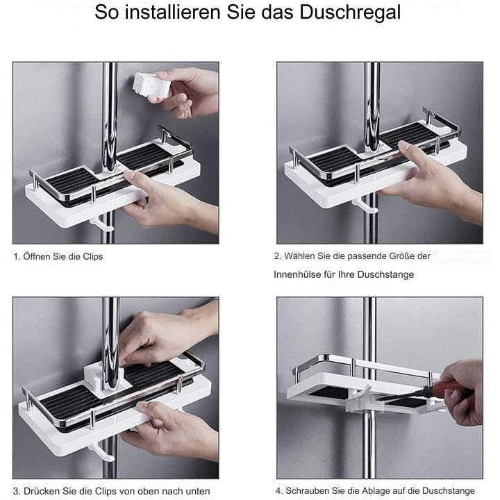 Step-by-step installation guide for a shower caddy with hands performing actions on a metallic background.