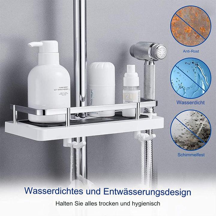 Shower caddy with bottles and shower head on a gray background, featuring water droplet graphics and text about water resistance and drainage.