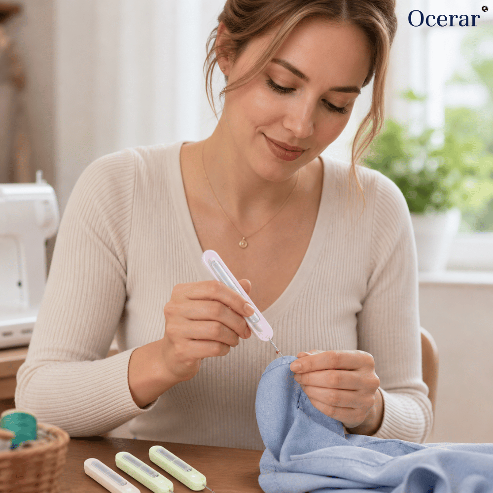 Woman using a sewing tool on fabric with 'Oecerar' branding.