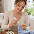 Woman using a sewing tool on fabric with 'Oecerar' branding.