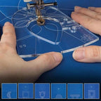 Person using a sewing machine with a clear ruler on a blue background