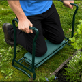 Person using a garden kneeler on grass with text about pain-free gardening.
