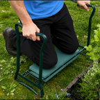 Person using a garden kneeler on grass with text about pain-free gardening.