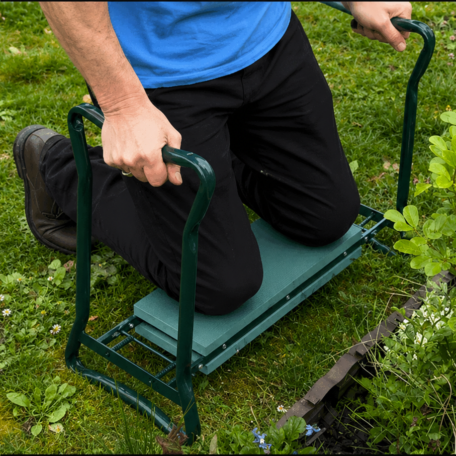 Person using a garden kneeler on grass with text about pain-free gardening.