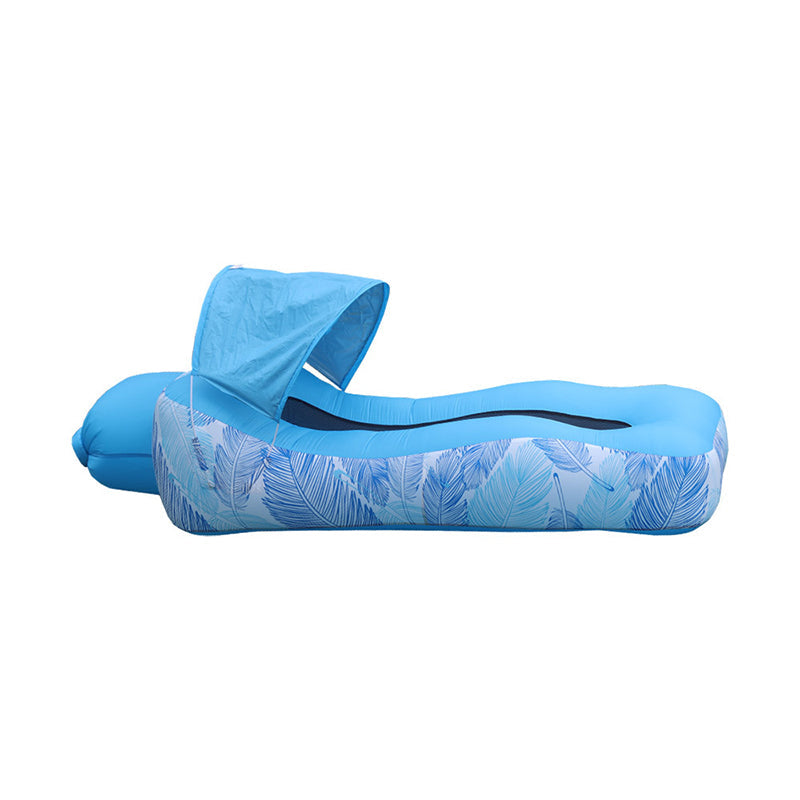 Blue inflatable pool float with leaf pattern on a white background