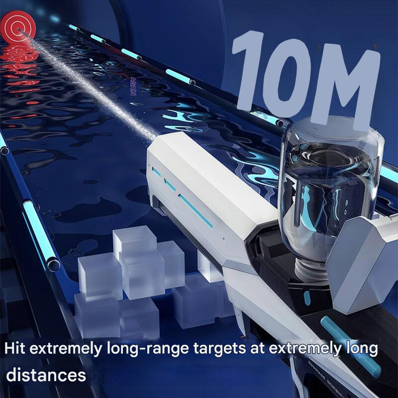 Weapon with a laser beam and water container, labeled '10M', on a blue background.