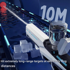 Weapon with a laser beam and water container, labeled '10M', on a blue background.