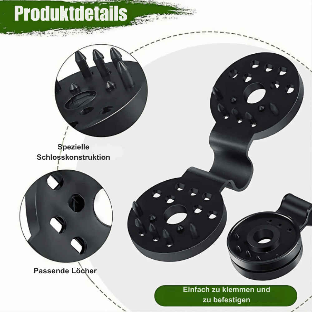 Black metal components with text detailing features on a white background