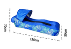 Blue inflatable boat with leaf pattern and measurements on a white background