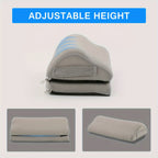 Gray adjustable height pillow with blue accents on a light gray background