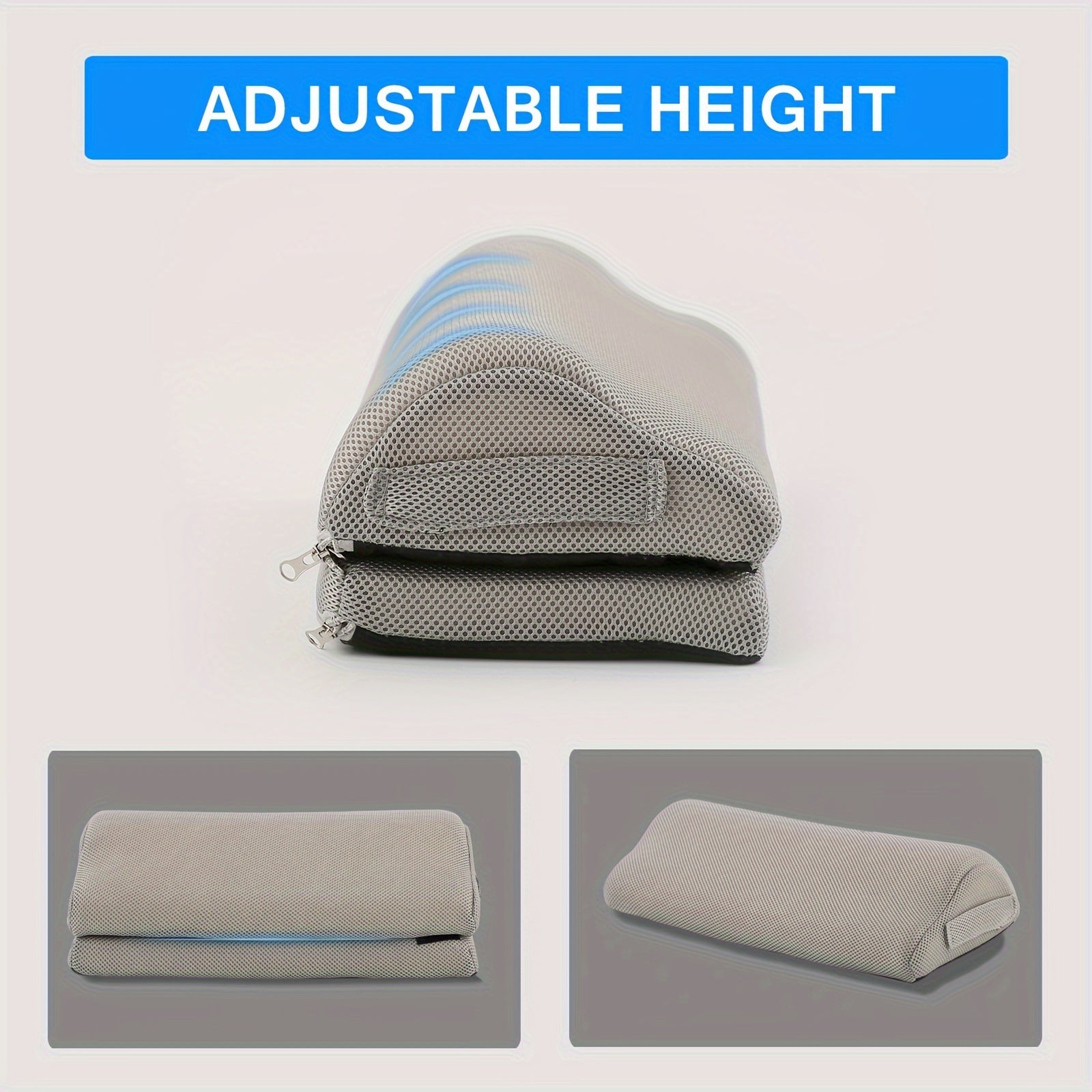 Gray adjustable height pillow with blue accents on a light gray background