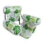 Three green leaf-patterned seat covers on a white background