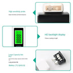 Product features with text on high sensitivity probe, HD backlight display, large capacity battery, and a close-up of the device.