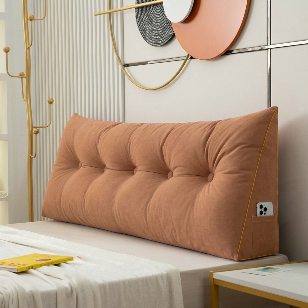Brown cushion headboard on a bed with decorative wall art in the background
